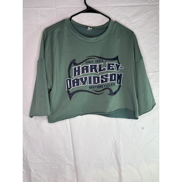 Harley Davidson Tops - Harley Davidson Motorcycles Cropped T Shirt Green Womens Size Medium Raw Hem